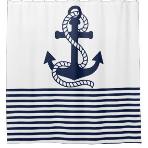 Nautical Navy Blue White Stripes and Blue Anchor Shower Curtain