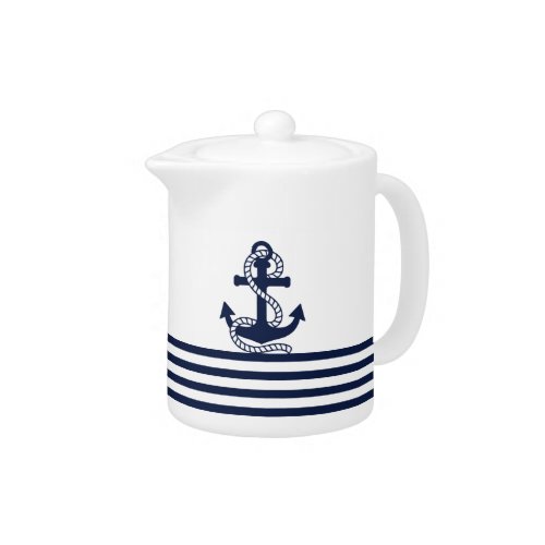 Nautical Navy Blue White Stripes and Blue Anchor Teapot