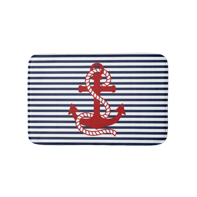 Nautical Navy Blue White Stripes and Red Anchor Bath Mat (Front)