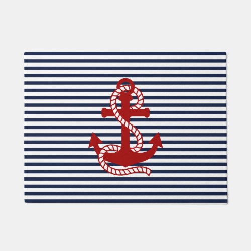 Nautical Navy Blue White Stripes and Red Anchor Doormat