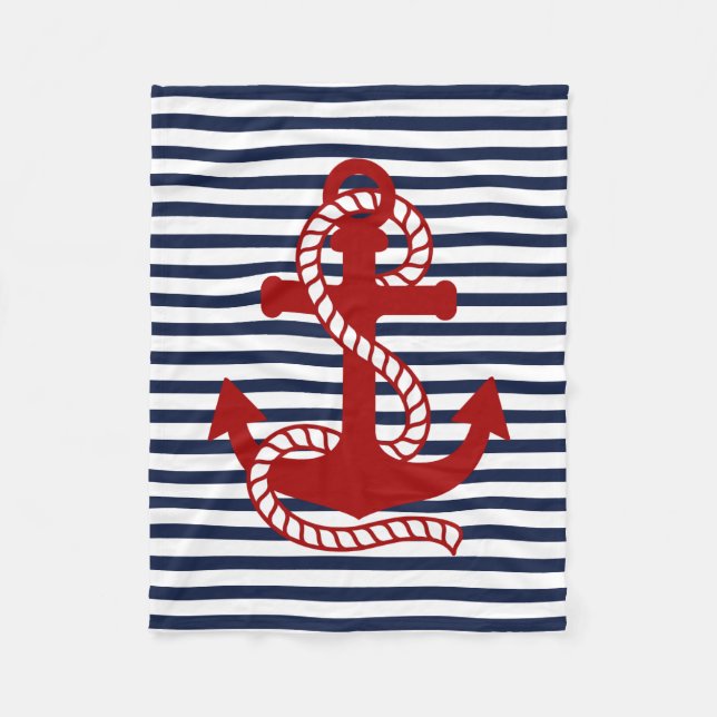 Nautical Navy blue White Stripes and Red Anchor Fleece Blanket (Front)