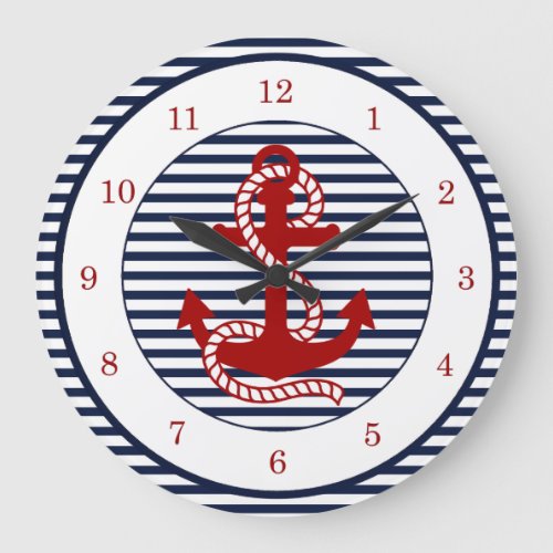 Nautical Navy Blue White Stripes and Red Anchor Large Clock