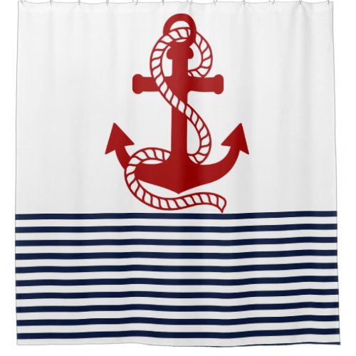 Nautical Navy Blue White Stripes and Red Anchor Shower Curtain