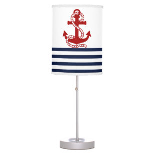 Nautical Navy Blue White Stripes and Red Anchor Table Lamp