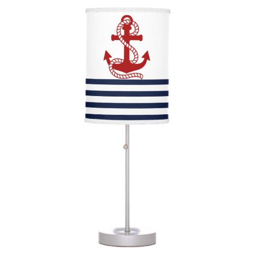 Nautical Navy Blue White Stripes and Red Anchor Table Lamp