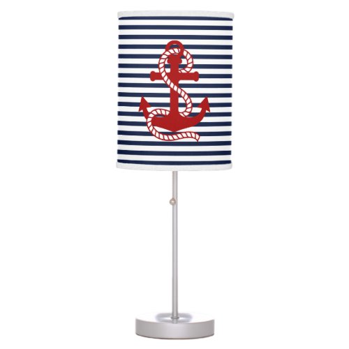 Nautical Navy Blue White Stripes and Red Anchor Table Lamp