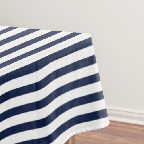 Nautical Navy Blue White Stripes and Red Anchor Tablecloth