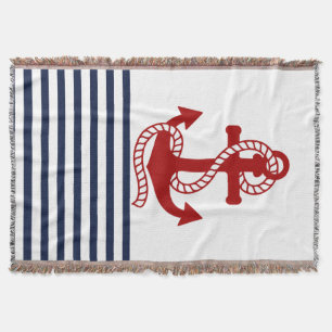 Nautical Navy blue White Stripes and Red Anchor Throw Blanket