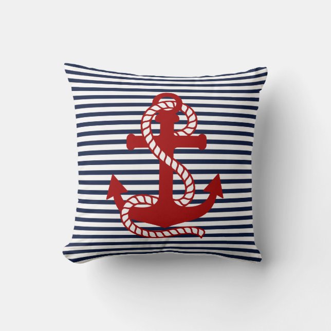 Nautical Navy blue White Stripes and Red Anchor Throw Pillow (Front)