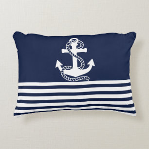 Nautical Navy blue White Stripes and White Anchor Accent Pillow