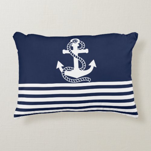 Nautical Navy blue White Stripes and White Anchor Accent Pillow