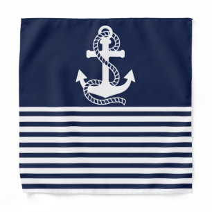 Nautical Navy blue White Stripes and White Anchor Bandana