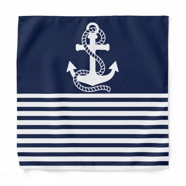 Nautical Navy blue White Stripes and White Anchor Bandana (Front)