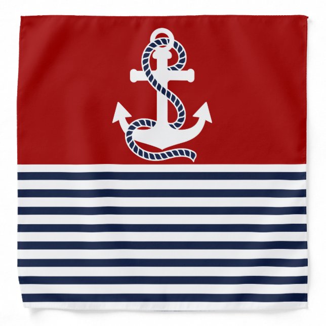 Nautical Navy blue White Stripes and White Anchor Bandana (Front)
