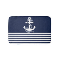 Nautical Navy Blue White Stripes and White Anchor Bath Mat