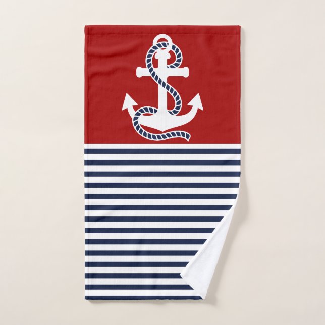 Nautical Navy blue White Stripes and White Anchor Bath Towel Set (Hand Towel)