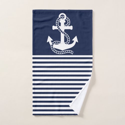 Nautical Navy blue White Stripes and White Anchor Bath Towel Set
