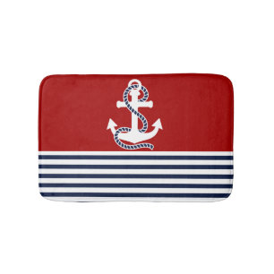 Nautical Navy Blue White Stripes and White Anchor Bathroom Mat