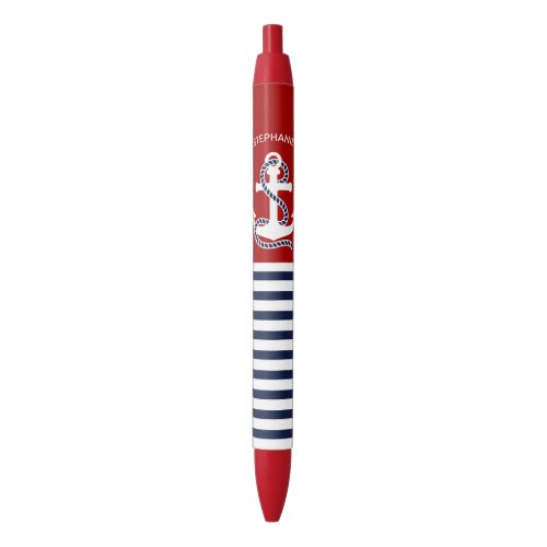 Nautical Navy blue White Stripes and White Anchor Blue Ink Pen