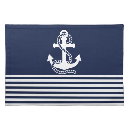 Nautical Navy Blue White Stripes and White Anchor Cloth Placemat