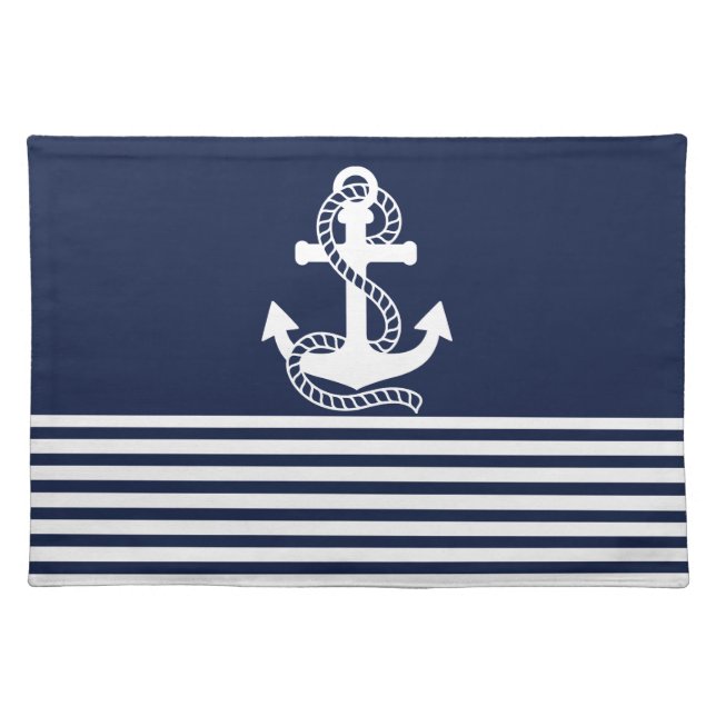 Nautical Navy Blue White Stripes and White Anchor Cloth Placemat (Front)