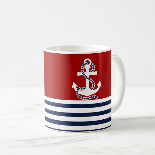 Nautical Navy Blue White Stripes and White Anchor Coffee Mug