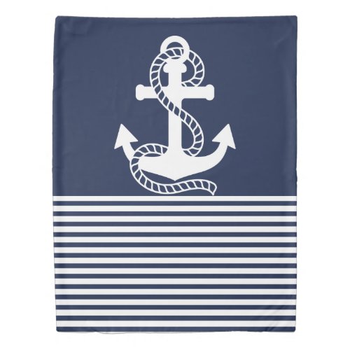 Nautical Navy blue White Stripes and White Anchor Duvet Cover