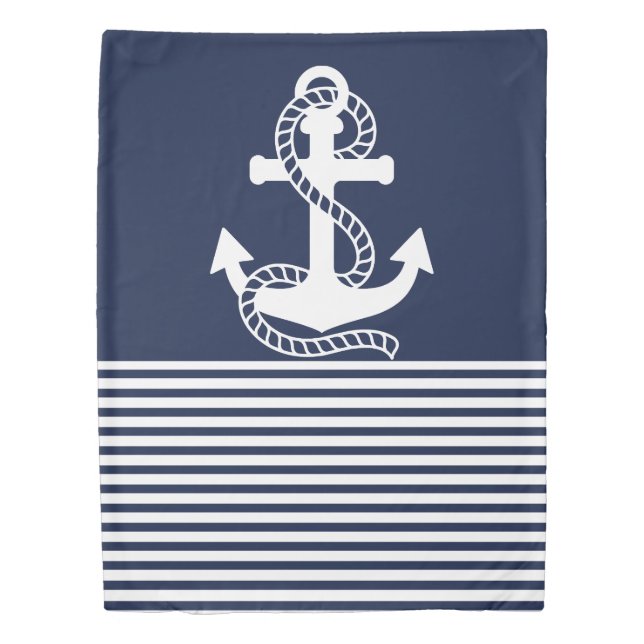 Nautical Navy blue White Stripes and White Anchor Duvet Cover (Front)
