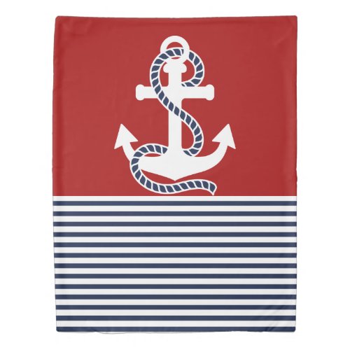 Nautical Navy blue White Stripes and White Anchor Duvet Cover