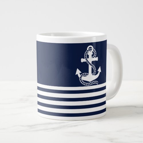 Nautical Navy Blue White Stripes and White Anchor Giant Coffee Mug