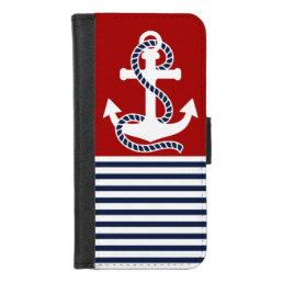 Nautical Navy blue White Stripes and White Anchor iPhone 8/7 Wallet Case