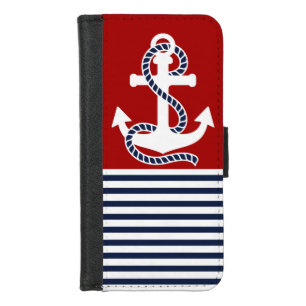 Nautical Navy blue White Stripes and White Anchor iPhone 8/7 Wallet Case