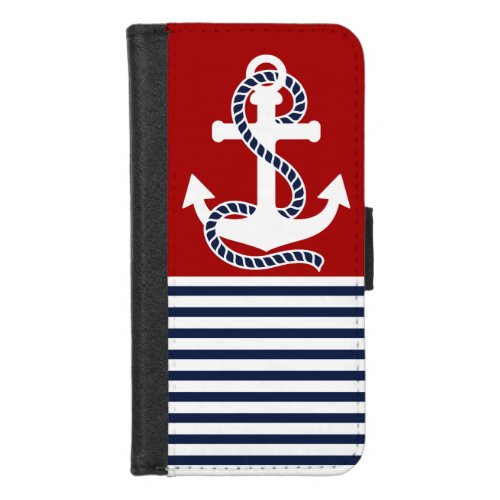 Nautical Navy blue White Stripes and White Anchor iPhone 87 Wallet Case