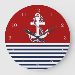 Nautical Navy Blue White Stripes and White Anchor Large Clock