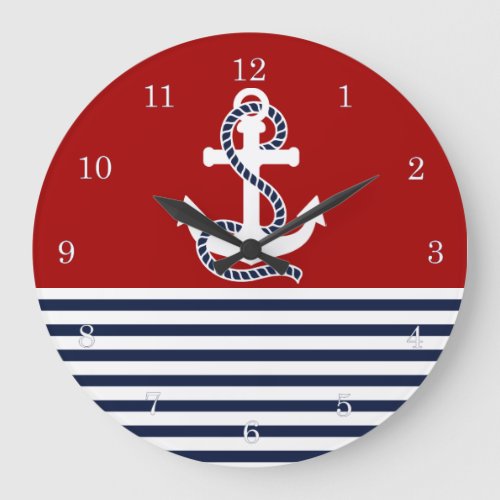 Nautical Navy Blue White Stripes and White Anchor Large Clock