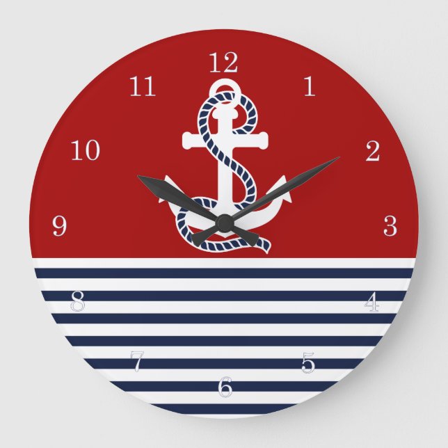 Nautical Navy Blue White Stripes and White Anchor Large Clock (Front)
