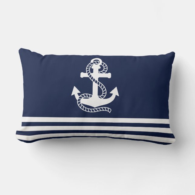 Nautical Navy blue White Stripes and White Anchor Lumbar Pillow (Front)