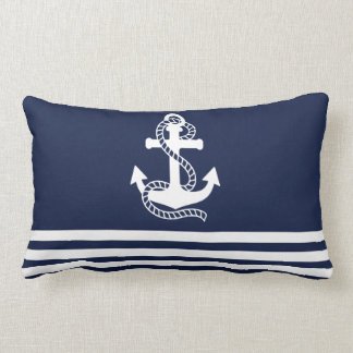 Nautical Navy blue White Stripes and White Anchor Lumbar Pillow