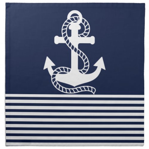 Nautical Navy Blue White Stripes and White Anchor Napkin