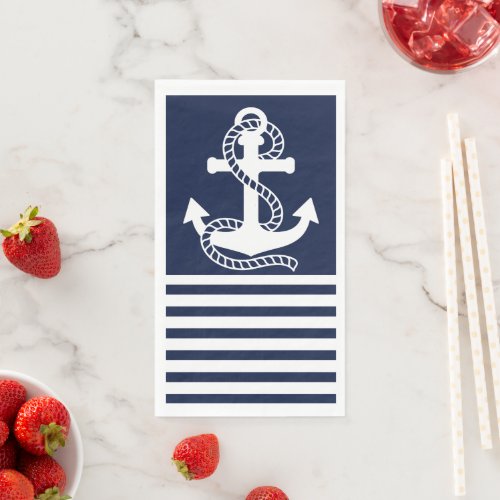 Nautical Navy blue White Stripes and White Anchor Paper Guest Towels