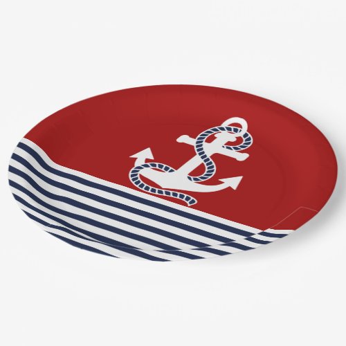 Nautical Navy blue White Stripes and White Anchor Paper Plates