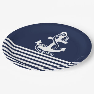 Nautical Navy blue White Stripes and White Anchor Paper Plates