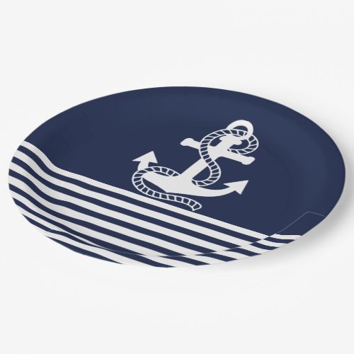 Nautical Navy blue White Stripes and White Anchor Paper Plates