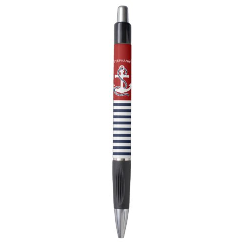 Nautical Navy blue White Stripes and White Anchor Pen