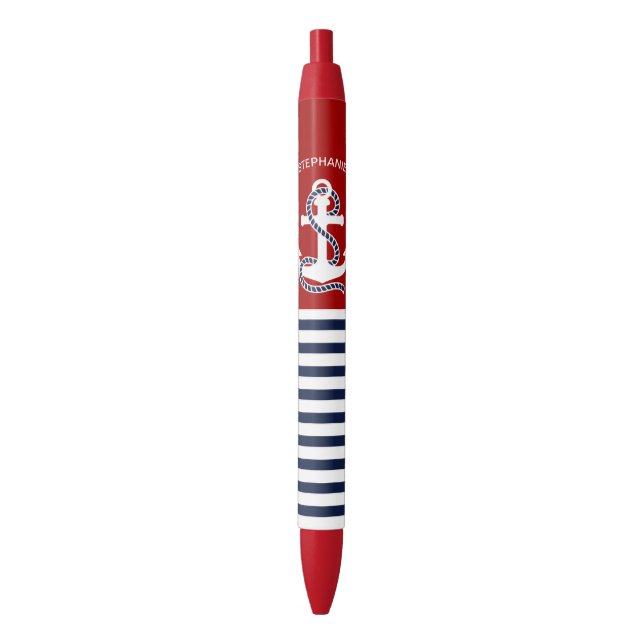 Nautical Navy blue White Stripes and White Anchor Pen (Front Vertical)