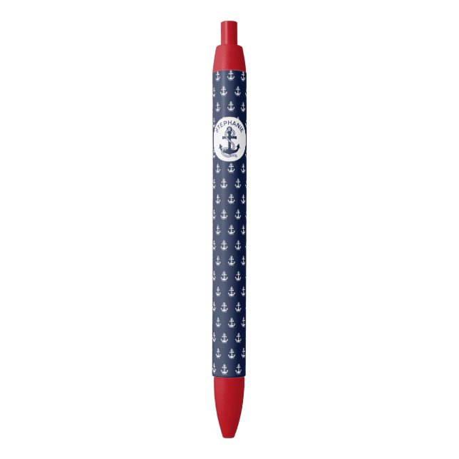 Nautical Navy blue White Stripes and White Anchor Pen (Front Vertical)