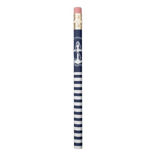 Nautical Navy blue White Stripes and White Anchor Pencil