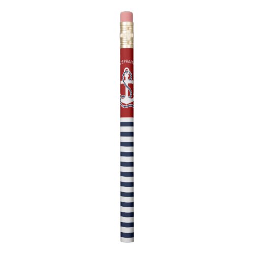 Nautical Navy blue White Stripes and White Anchor Pencil