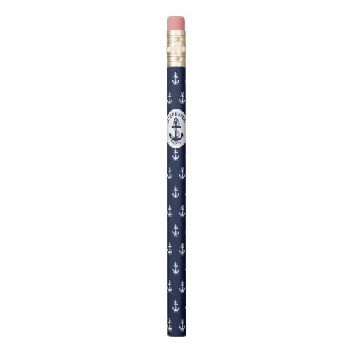 Nautical Navy blue White Stripes and White Anchor Pencil