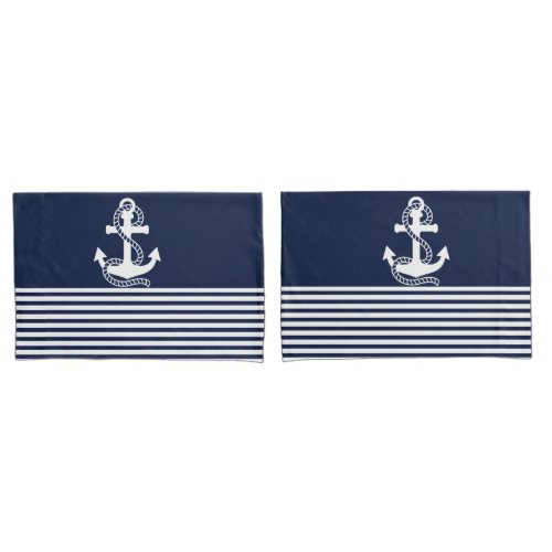 Nautical Navy blue White Stripes and White Anchor Pillow Case